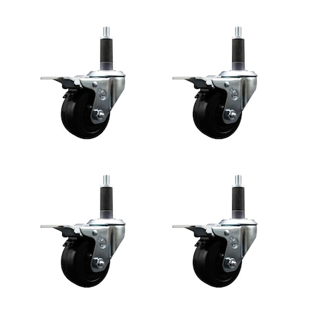 Service Caster 3'' Hard Rubber Swivel 1'' Expanding Stem Caster Set Total Lock Brake, 4PK SCC-EXTTL20S314-HRS-1-4